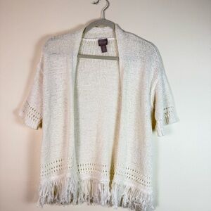 Chico's Womens Cream Fringe Open Cardigan Shrug Size‎ 0 Woven Y2K Eyelet Casual